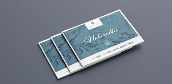 Drei Wellness-Broschüren mit blauen Hintergrund, geschwungenen Blumen und Text: Naturparadies
