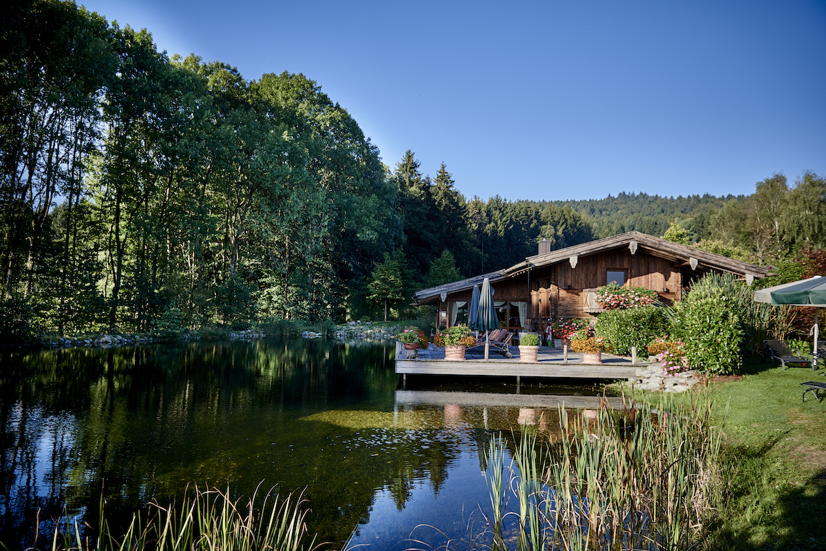 Naturteich mit traditionellem Holzhaus und Terrasse am Ufer, umgeben von dichtem Wald und grüner Natur