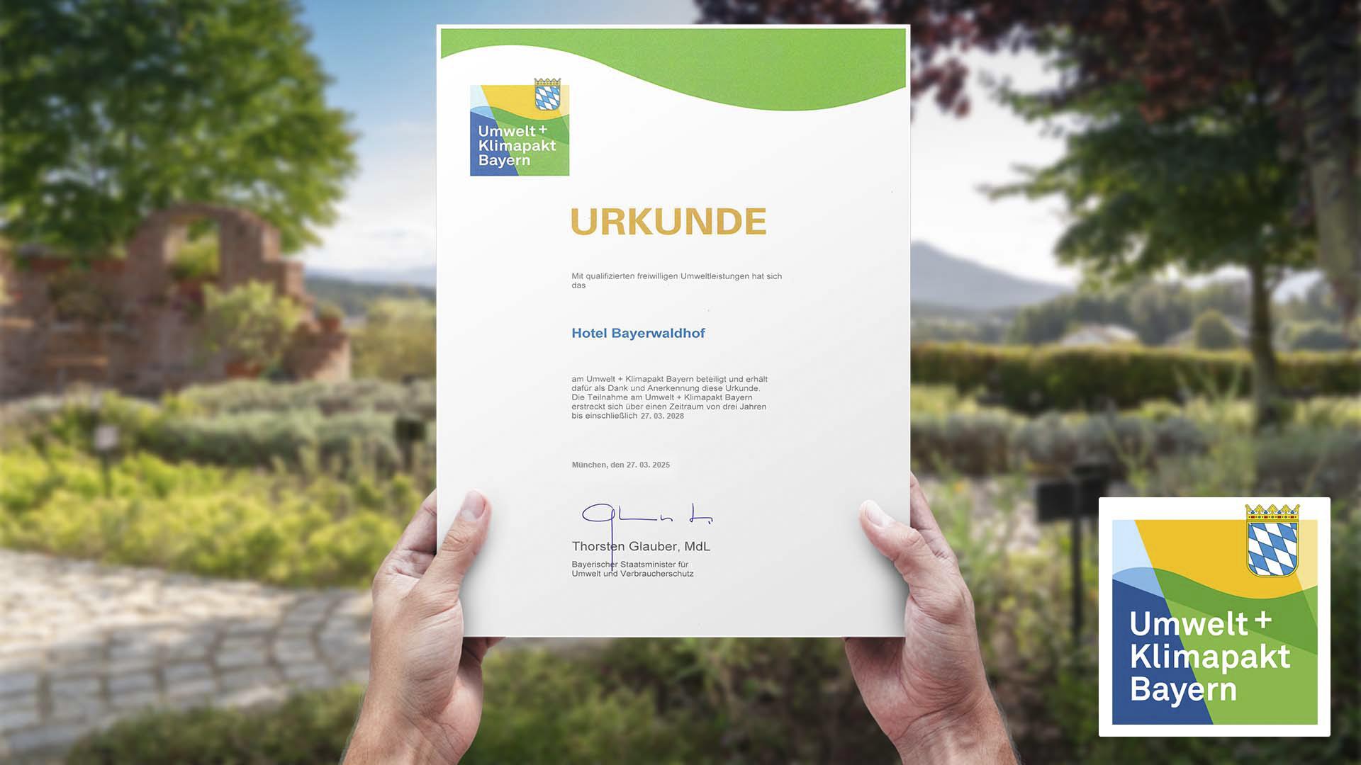 Umweltpaket für das Wellnesshotel Bayerwaldhof in Bad Kötzting im bayerischen Wald Urkunde über die Teilnahme am bayerischen Umweltpaket